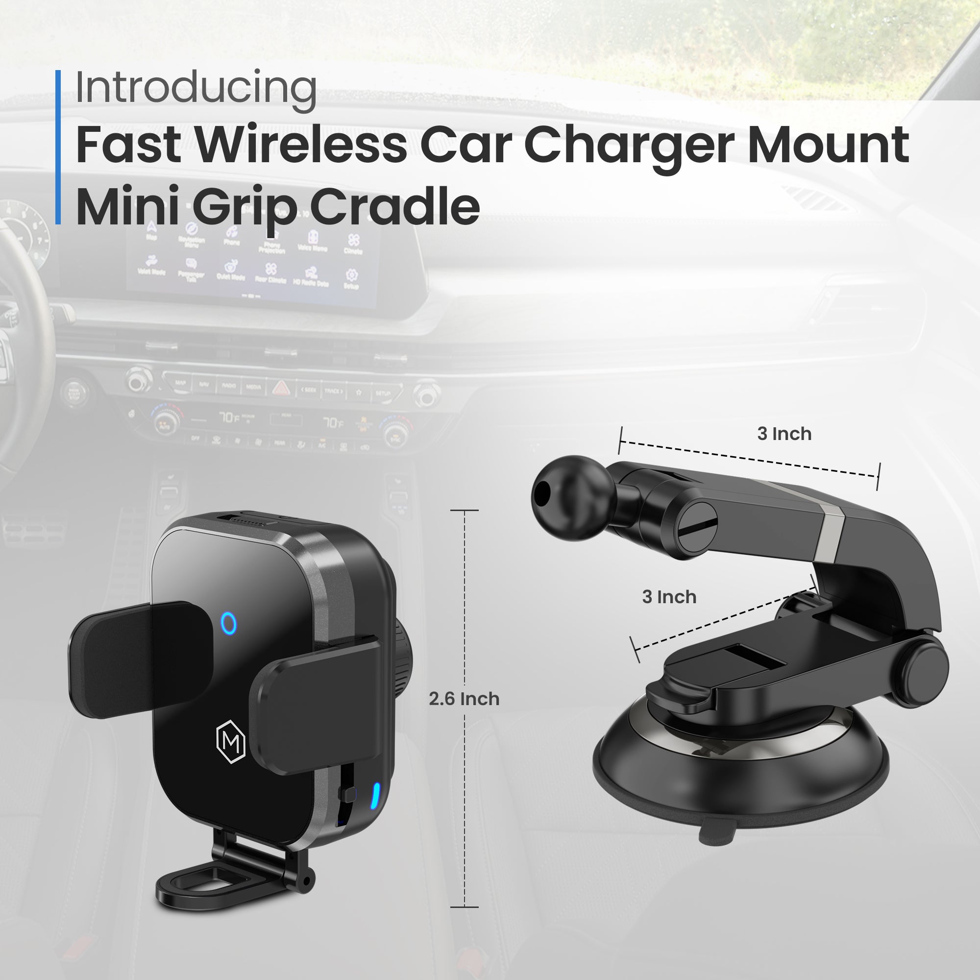 Mini Grip Fast Wireless Car Charger Mount with Multi-Angle Adjustable Suction Cup