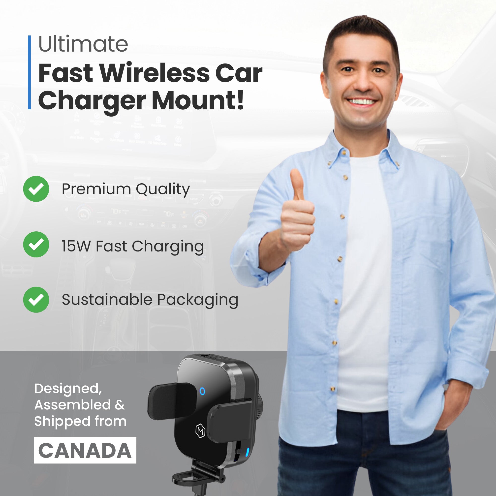 Mini Grip Fast Wireless Car Charger Mount with Multi-Angle Adjustable Suction Cup