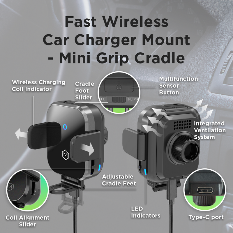 Fast Wireless Car Charger Mount -  Mini Grip Cradle Version 2.0