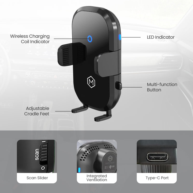 Auto Scan Fast Wireless Car Charger Mount with Multi-Angle Adjustable Suction Cup