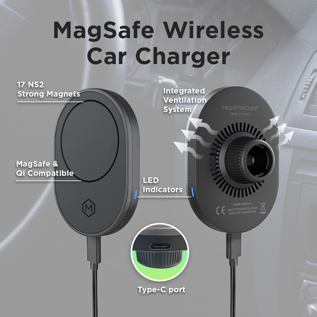 MagSafe Wireless Car Charger with Multi-Angle Adjustable Suction Cup