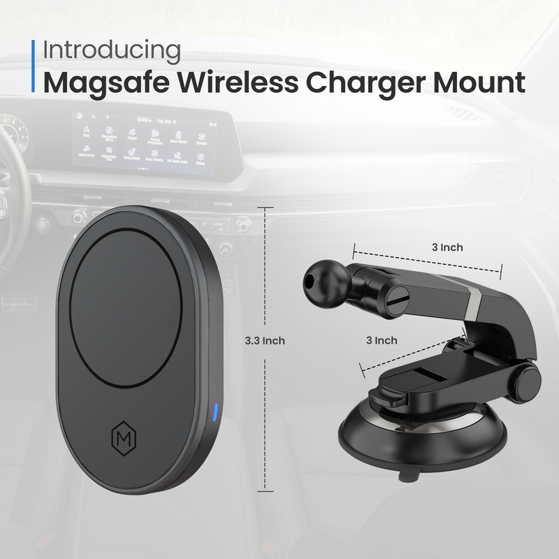 MagSafe Wireless Car Charger with Multi-Angle Adjustable Suction Cup