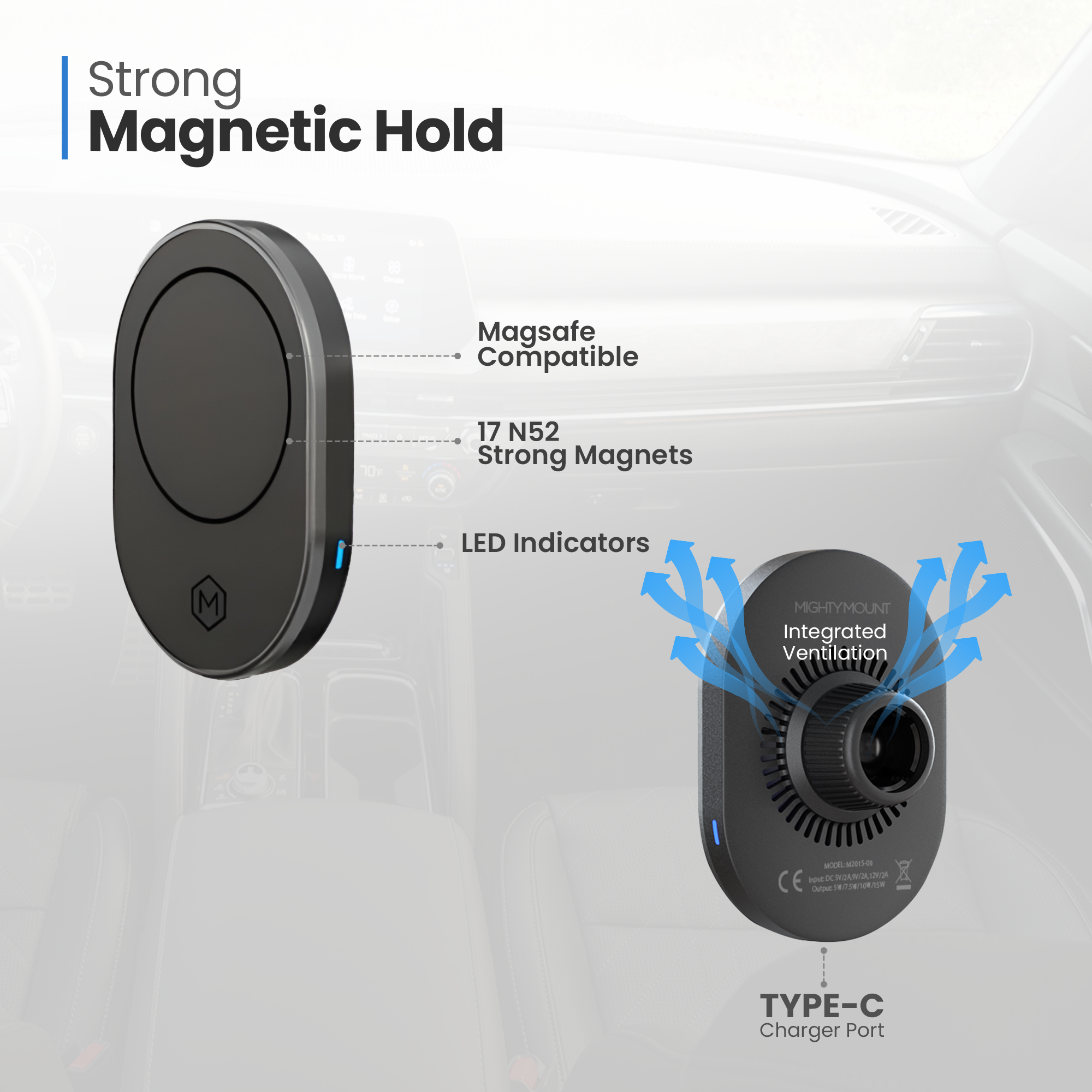 MagSafe Wireless Car Charger with Multi-Angle Adjustable Suction Cup