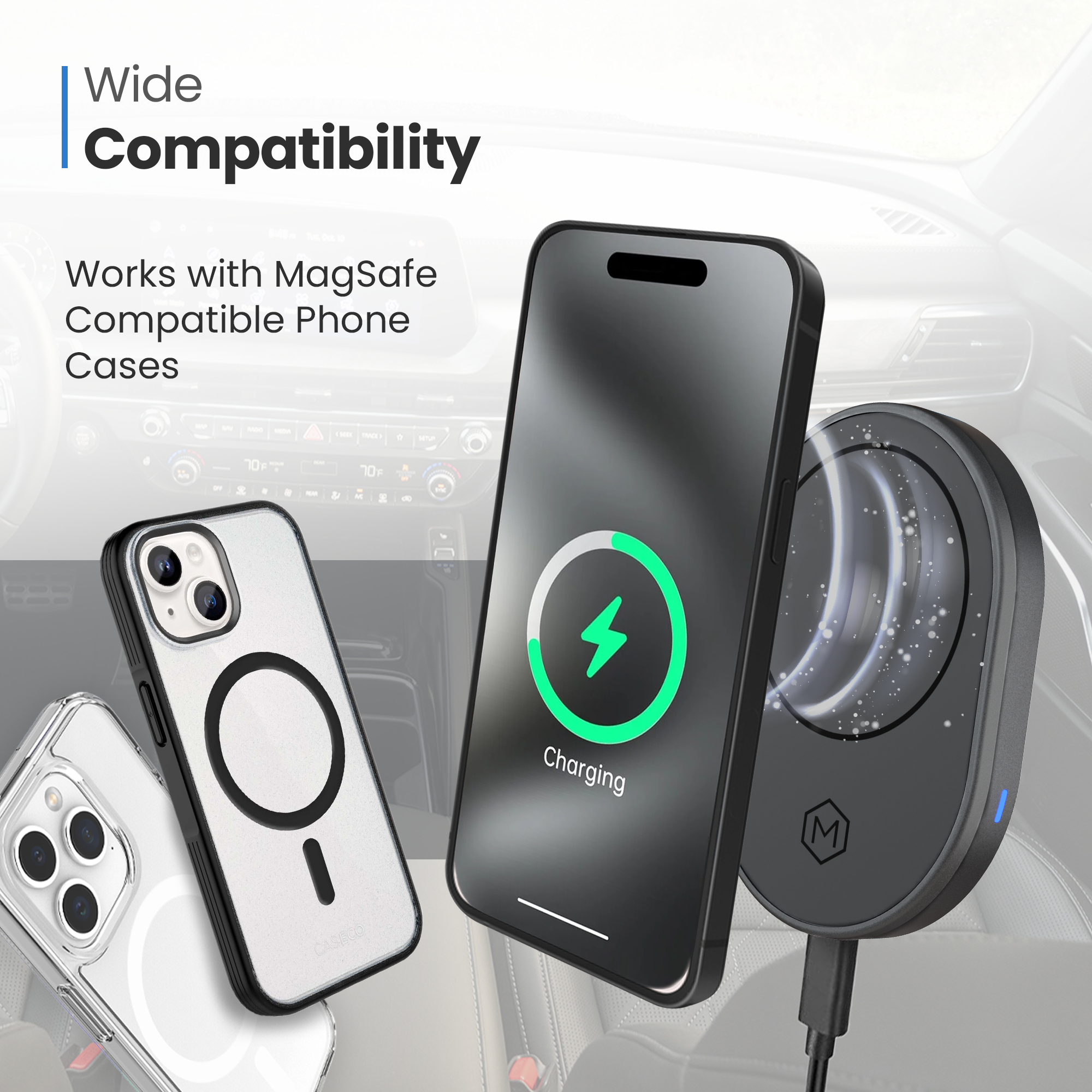 MagSafe Wireless Car Charger with Multi-Angle Adjustable Suction Cup